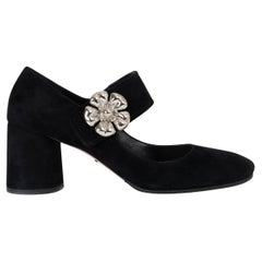 PRADA black suede FLOWER EMBELLISHED MARY JANE Pumps Shoes 39