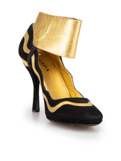 Prada Black Suede Gold Accent Cuffed Heels Size IT 39