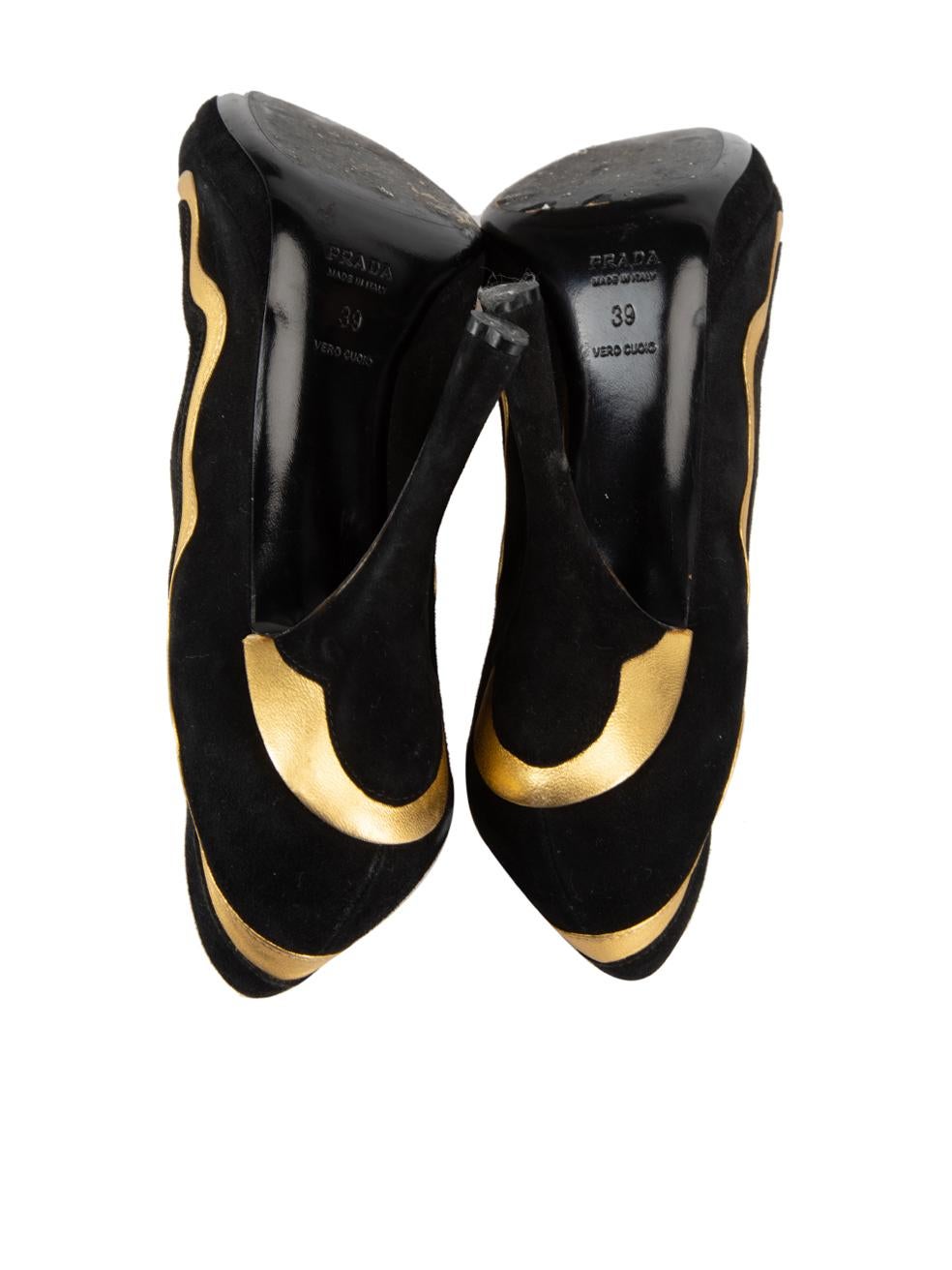 Women's Prada Black Suede Gold Accent Cuffed Heels Size IT 39