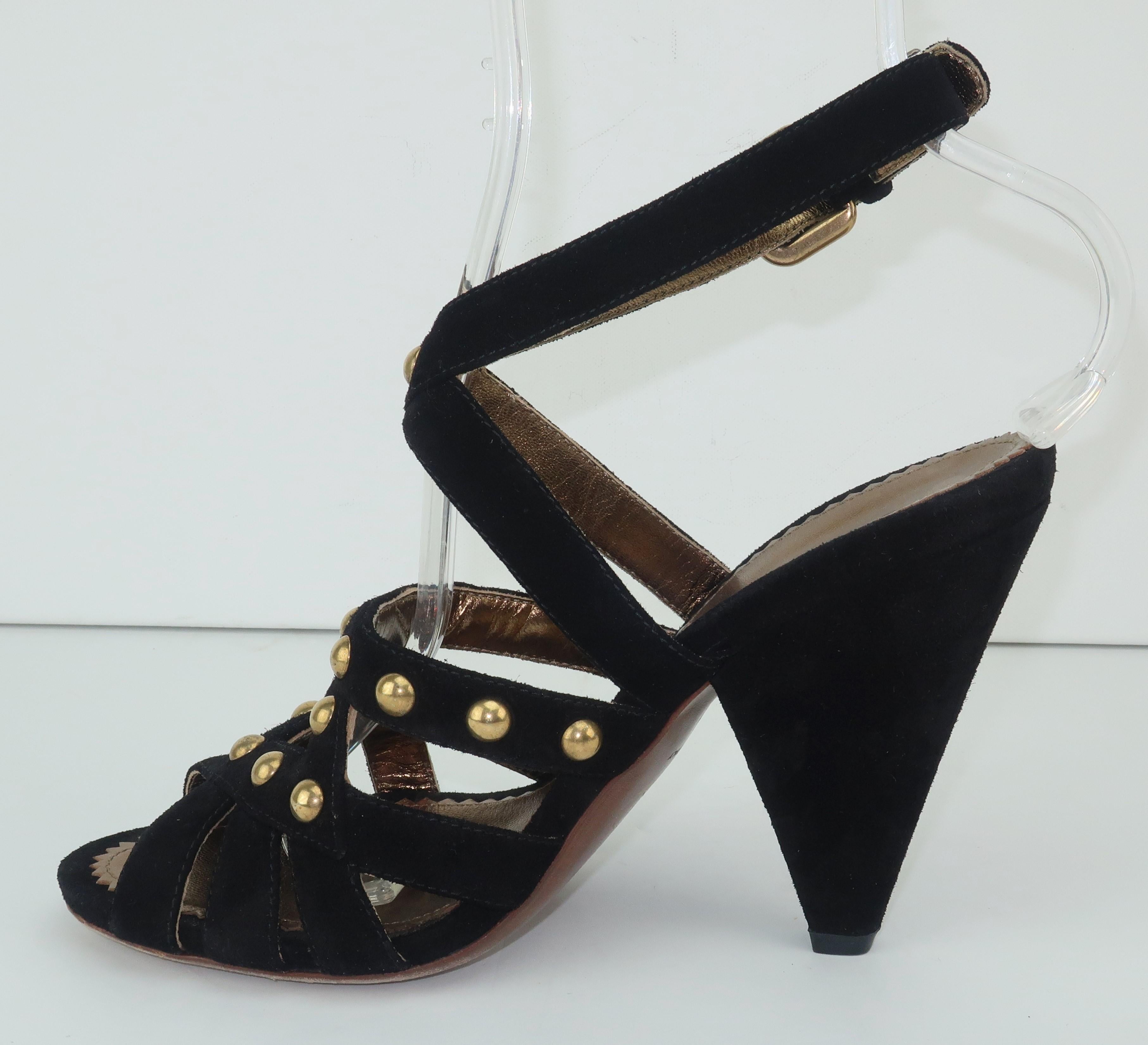 Prada Black Suede & Gold Stud Sandals Shoes Sz 38 In Good Condition For Sale In Atlanta, GA