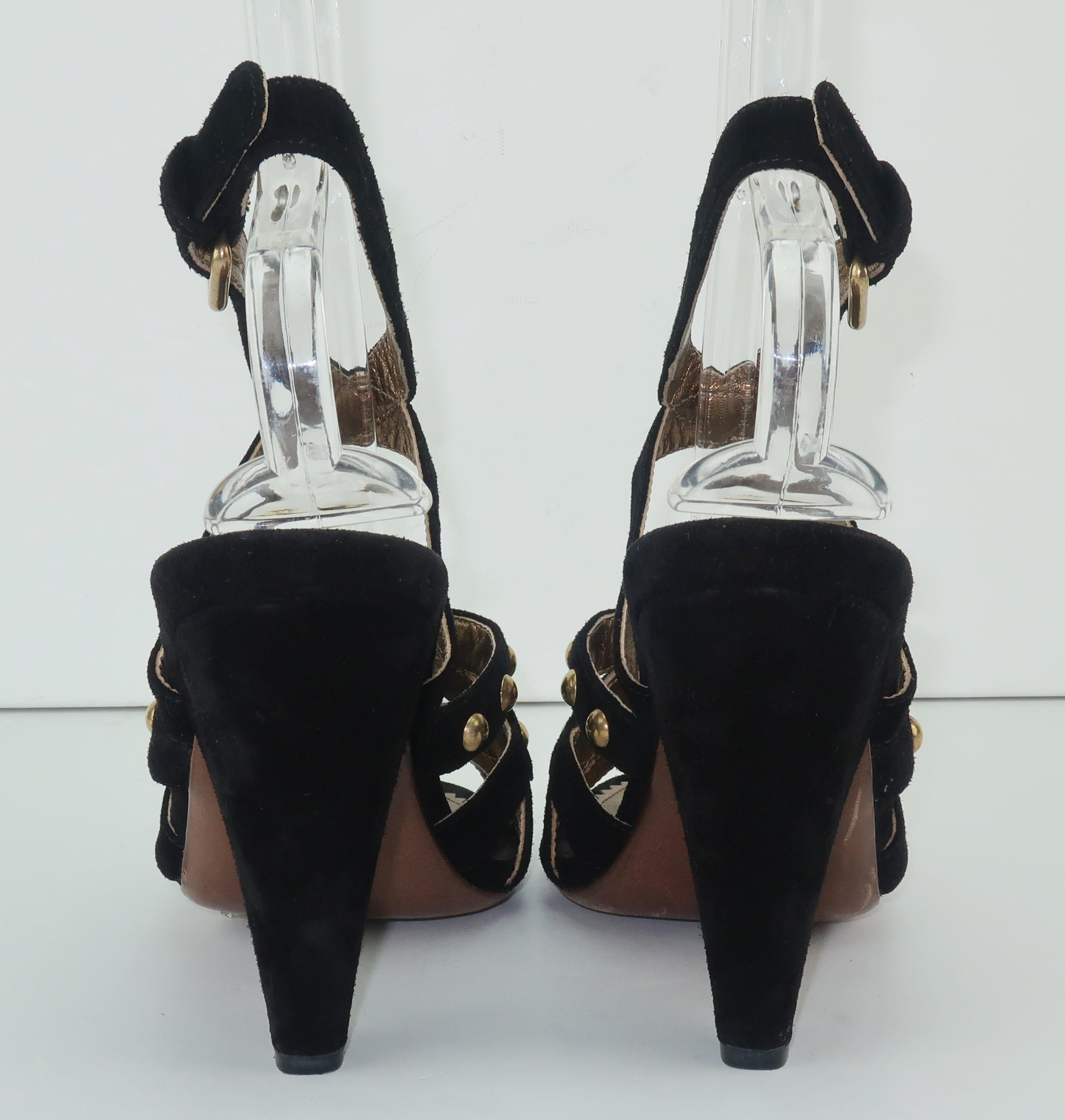 Women's Prada Black Suede & Gold Stud Sandals Shoes Sz 38 For Sale