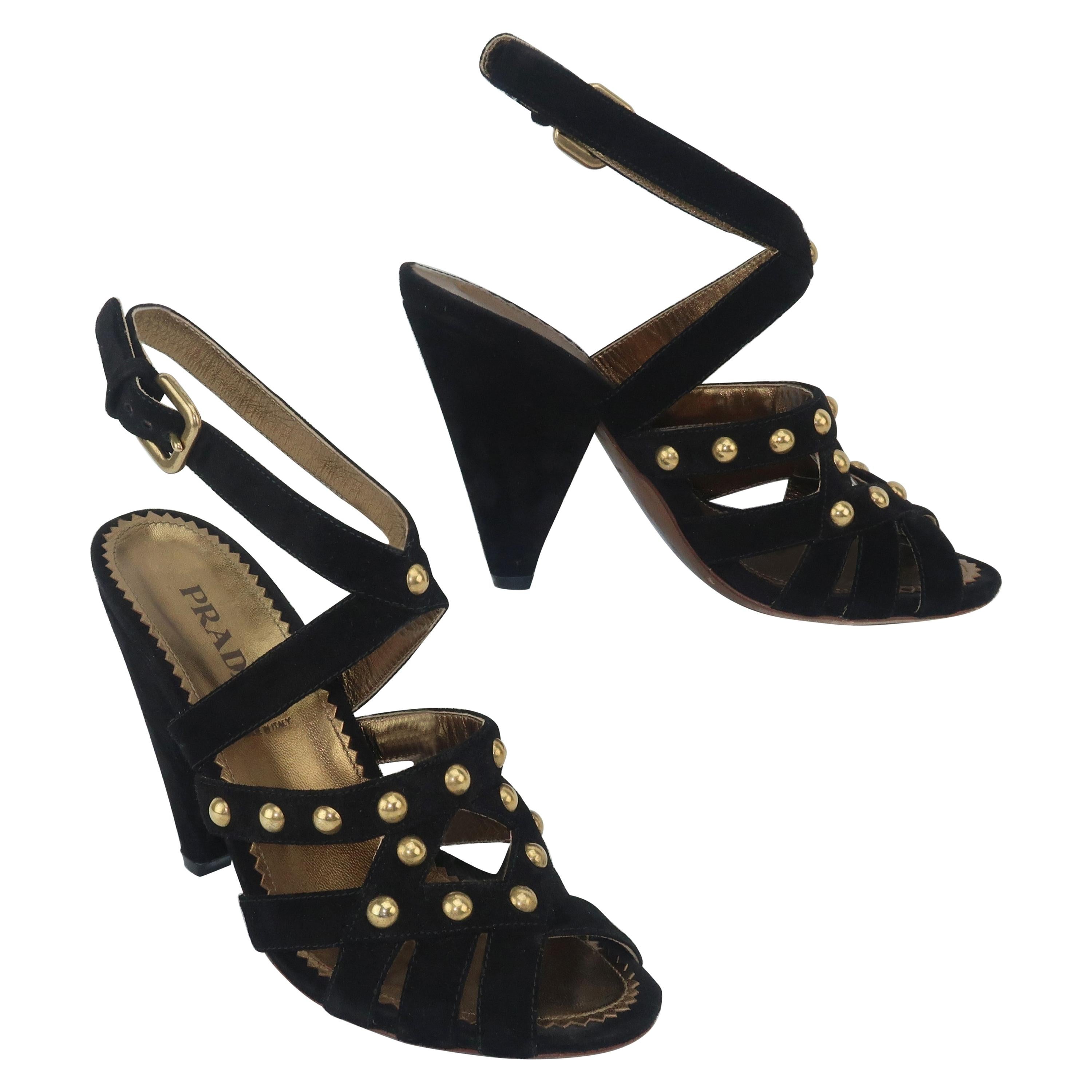 Prada Black Suede & Gold Stud Sandals Shoes Sz 38