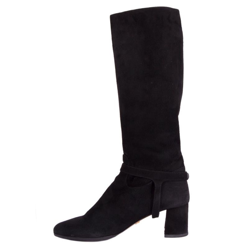 Black PRADA black suede HARNESS Knee High Boots Shoes 40.5
