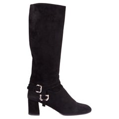 PRADA black suede HARNESS Knee High Boots Shoes 40.5
