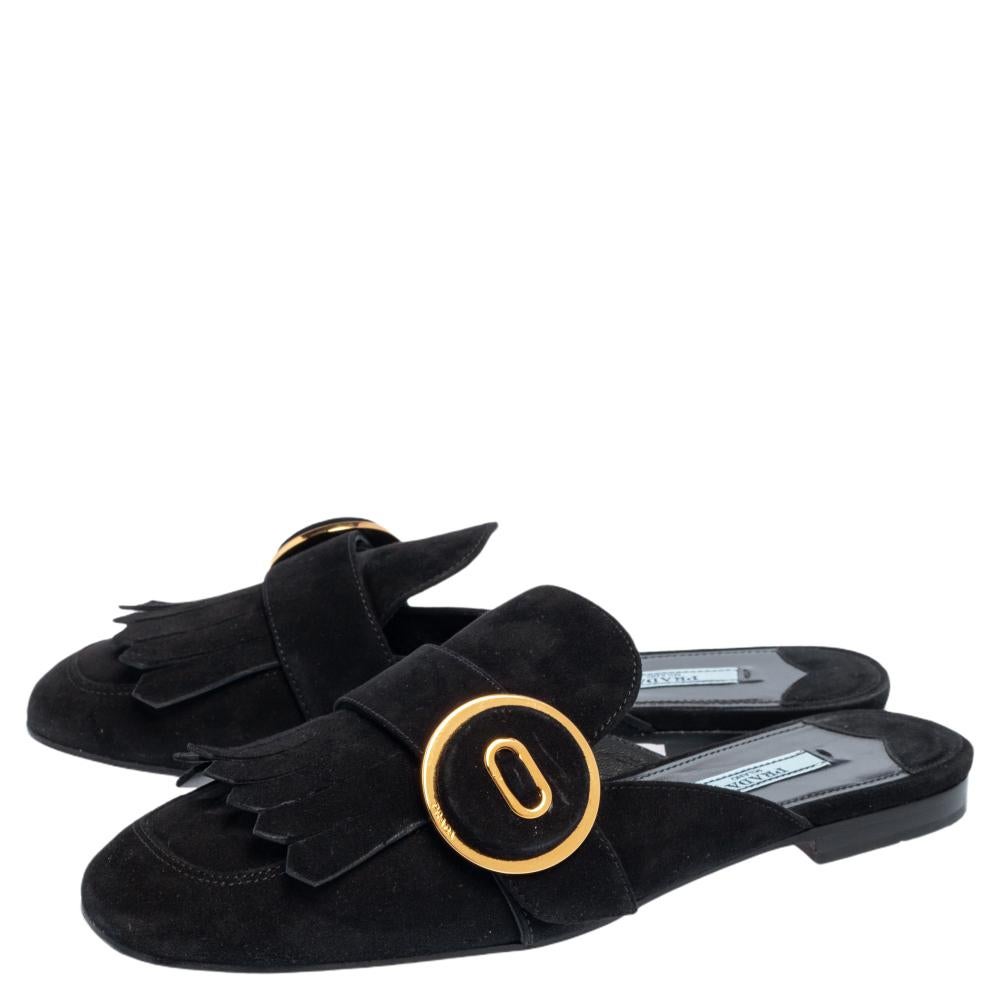 Prada Black Suede Kiltie Fringed Mule 