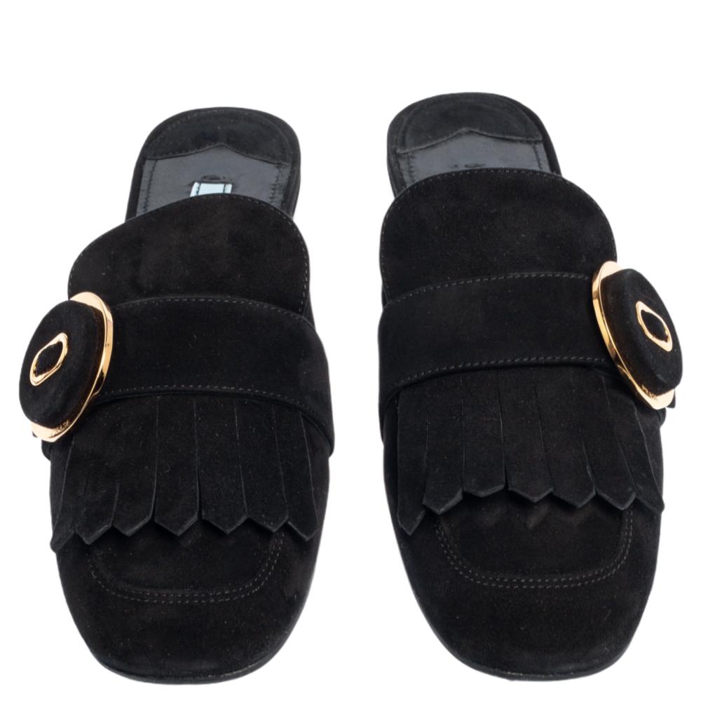 Prada Black Suede Kiltie Fringed Mule Sandals Size 38 In Good Condition In Dubai, Al Qouz 2