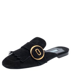 Prada Black Suede Kiltie Fringed Mule Sandals Size 38