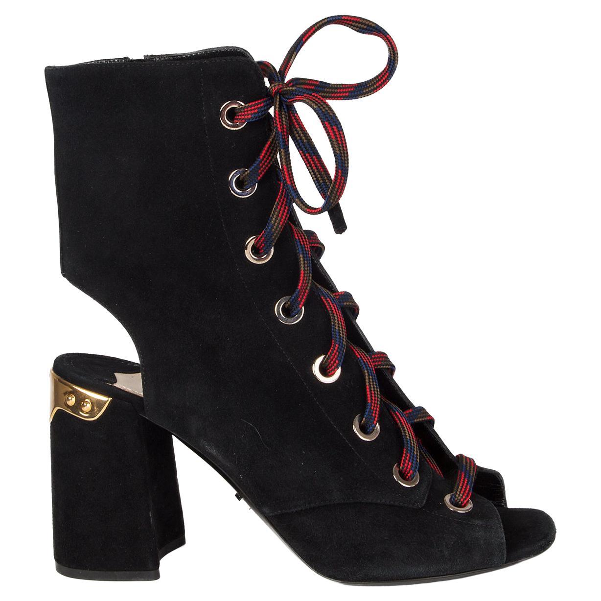 PRADA black suede LACE UP OPE TOE ANKLE Boots Shoes 38 For Sale