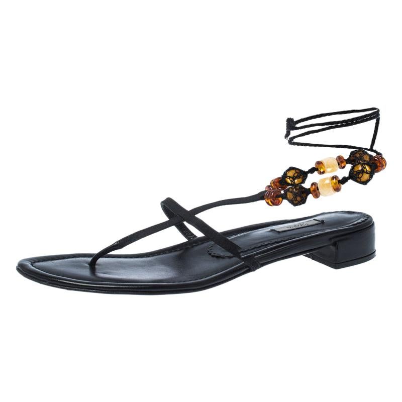 Prada Black Suede Leather Embellished Ankle Wrap Thong Flat Sandals Size 41