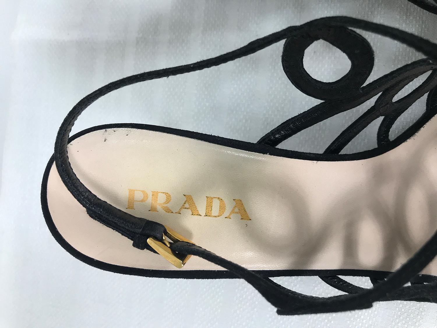 Prada Black Suede Loop High Heel Sandals 38 1/2 at 1stDibs | prada ...