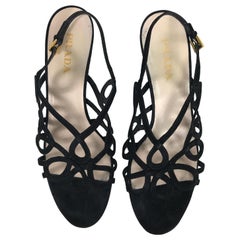 Prada Black Suede Loop High Heel Sandals 38 1/2