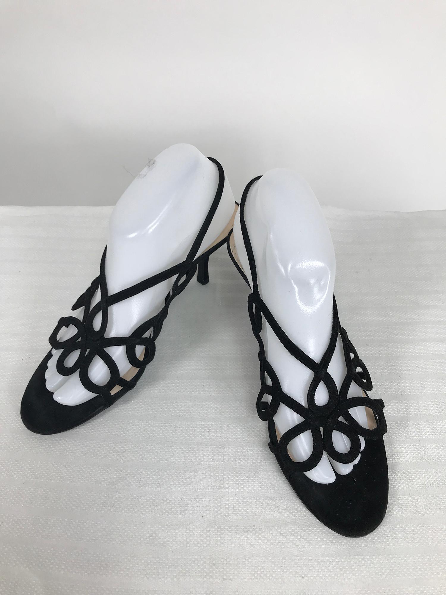 Prada black suede loop high heel sandals, close at the side back with gold buckles marked size 38 1/2. In good pre owned condition with wear to the soles, but still clean with lots of wear left.
