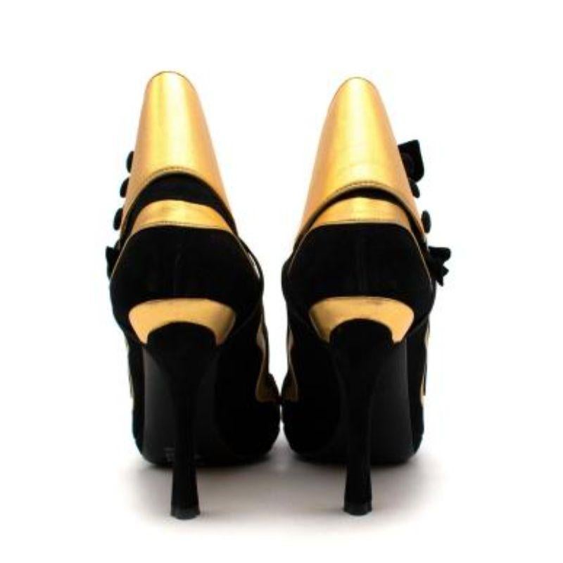 Prada Black Suede & Metallic Gold Heels with Ankle Cuff In Good Condition For Sale In London, GB
