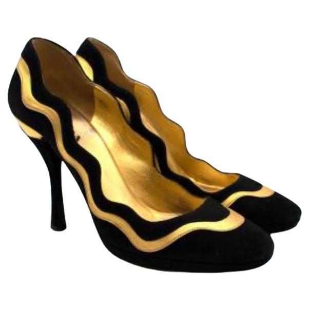 Prada Black Suede & Metallic Gold Heels with Ankle Cuff For Sale