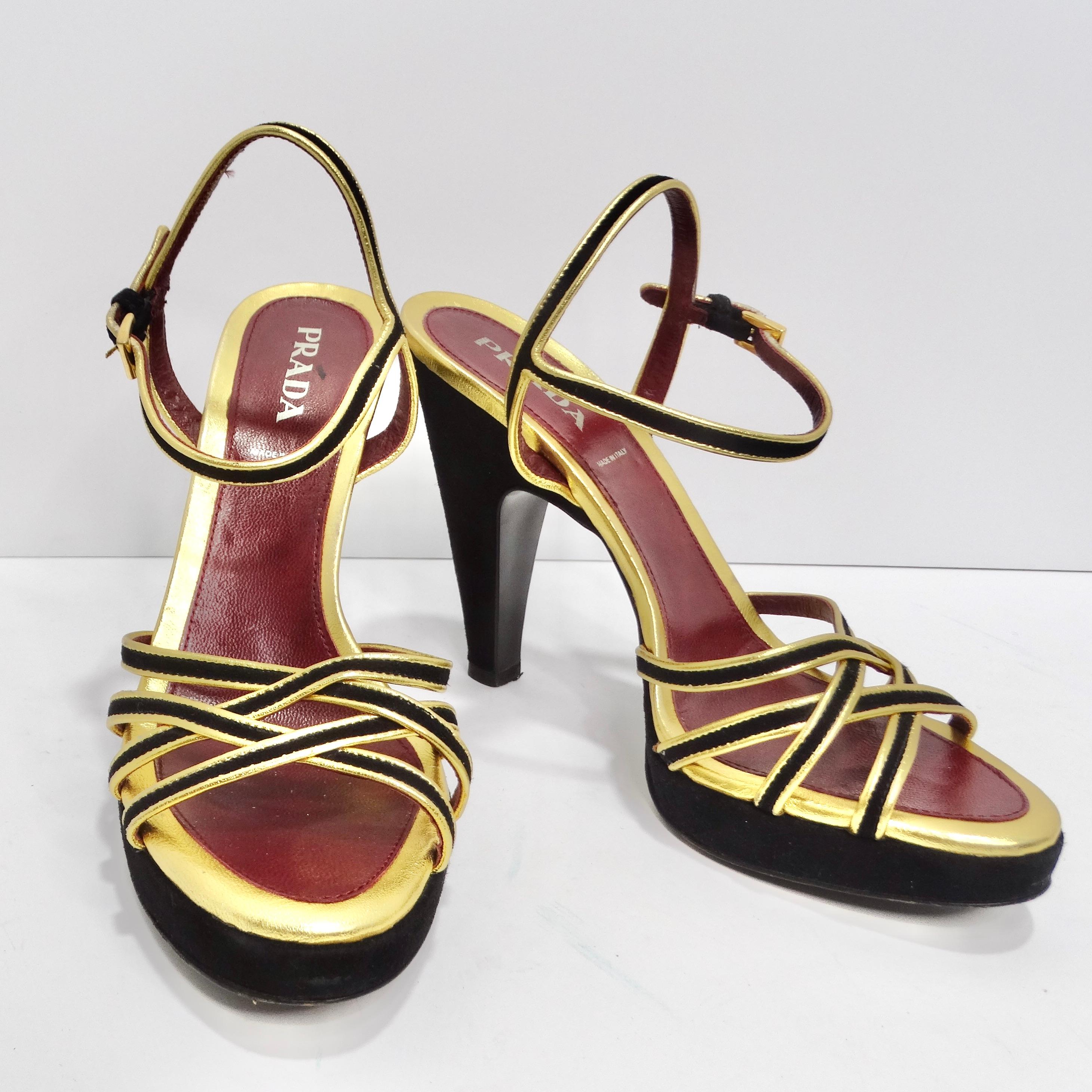 Step into sophistication with our exquisite Prada Black Suede Metallic Gold Strappy Pumps. Crafted to perfection, these pumps are the epitome of luxury and style, designed to make a bold statement wherever you go. The soft suede material not only