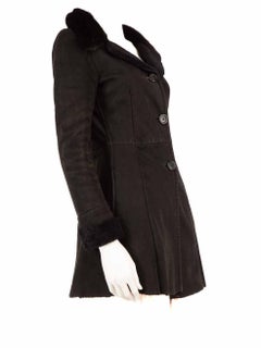 Prada Black Suede Mink Fur Trim Shearling Coat Size M