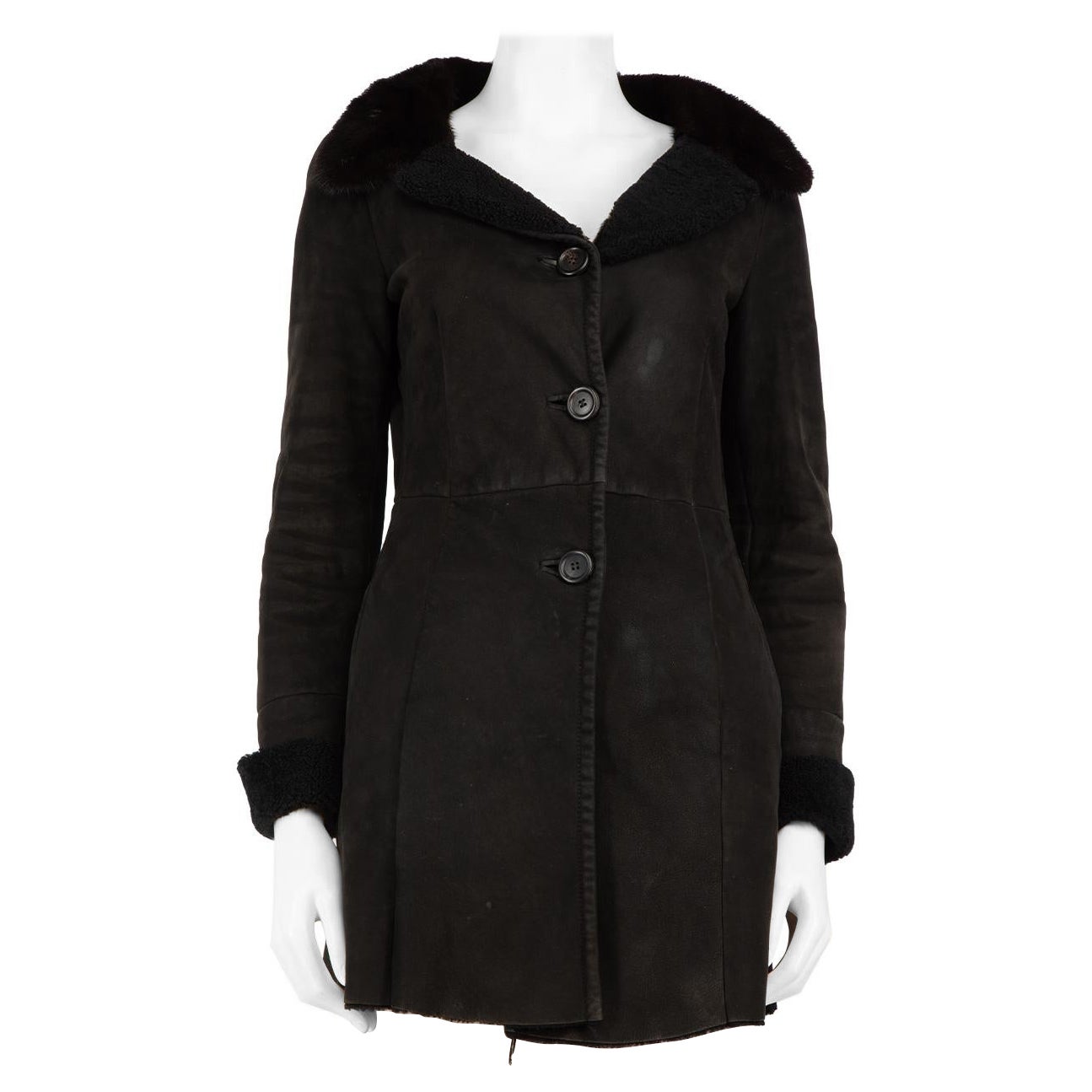 Prada Black Suede Mink Fur Trim Shearling Coat Size M