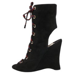 Prada Black Suede Open Toe Lace Up Cut Out Wedge Booties Size 40