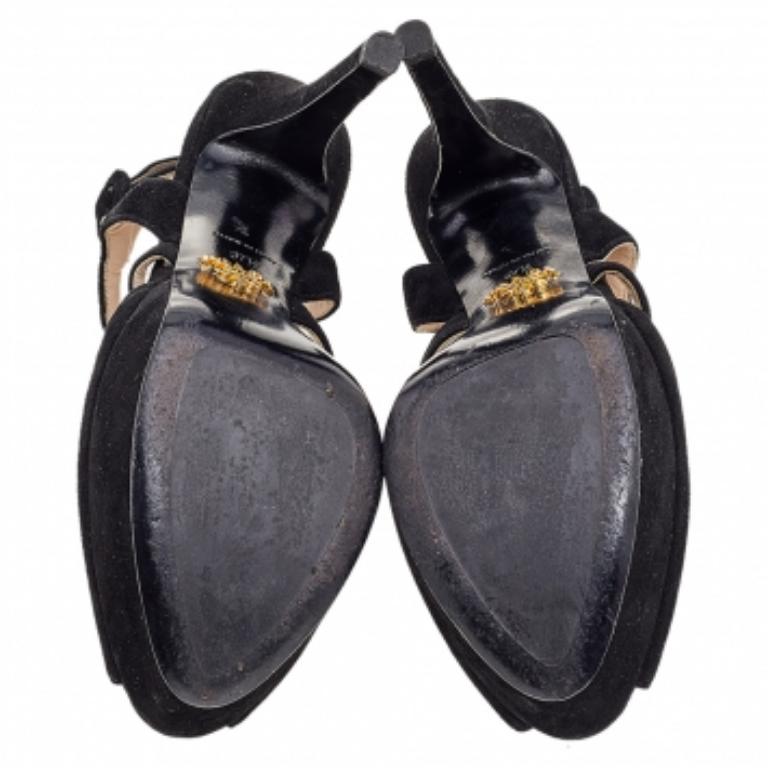 Prada Sandali con piattaforma Peep Toe Slingback in camoscio nero misura 37,5 in vendita 2