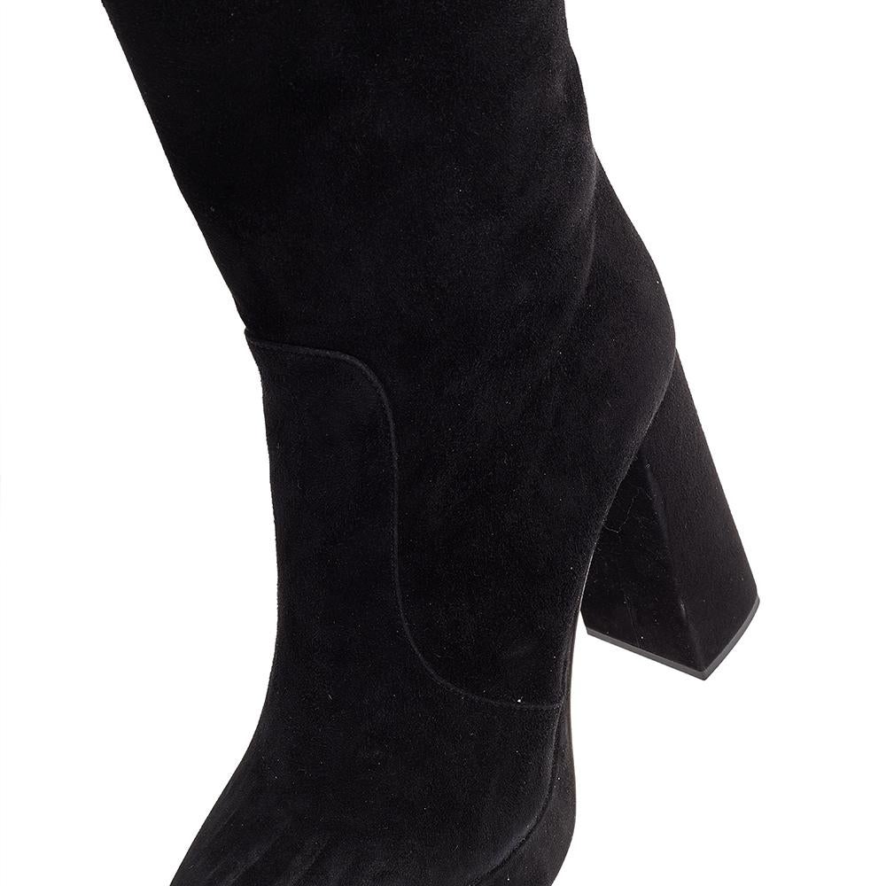 Women's Prada Black Suede Platform Block Heel Knee Length Boots Size 38.5