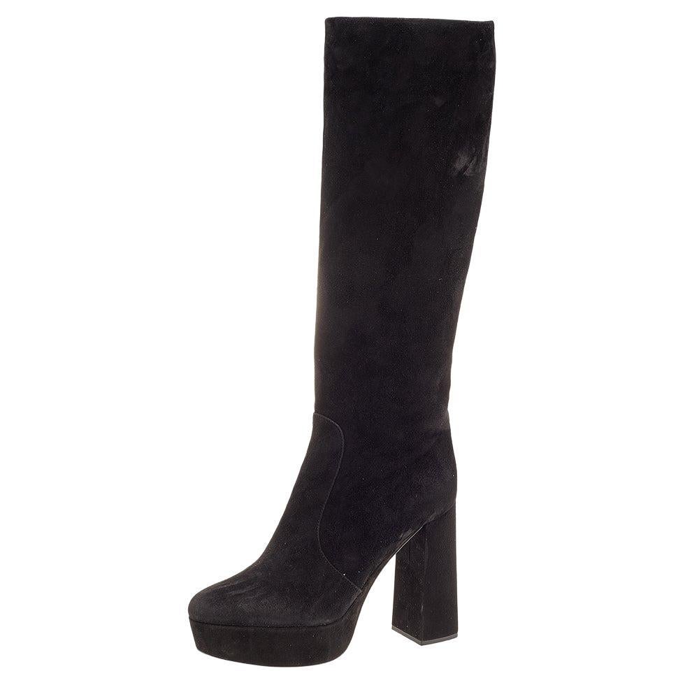 Prada Black Suede Platform Block Heel Knee Length Boots Size 38.5 at 1stDibs