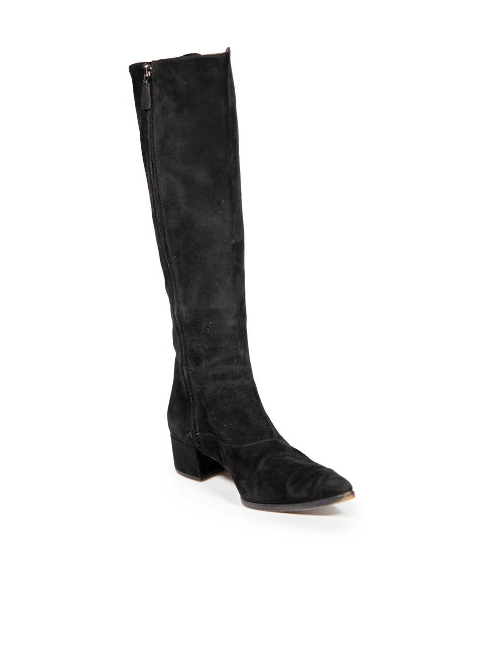 CONDITION is Good. Minor wear to boots is evident. Light wear to both sides and heels of both boots with abrasions and marks to the suede on this used Prada designer resale item.
 
 Details
 Black
 Suede
 Knee high boots
 Pointed toe
 Kitten block