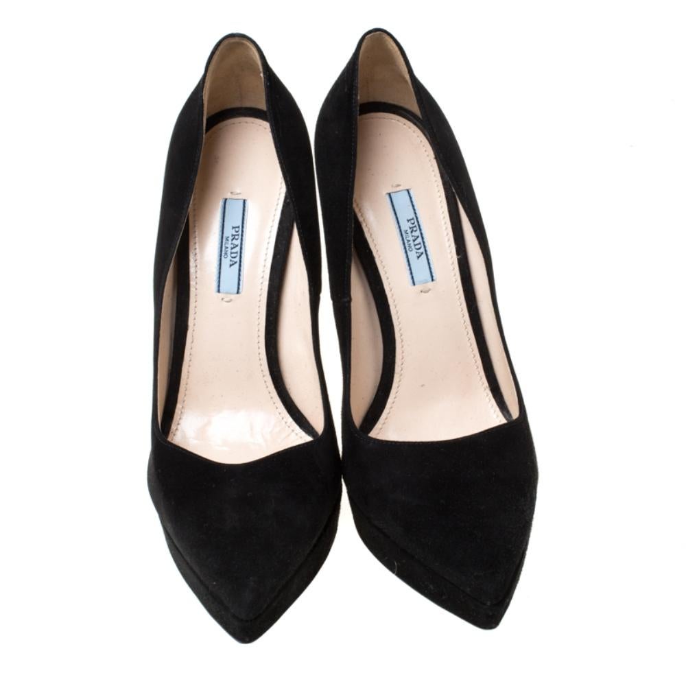 Featuring a suede body, these pumps showcase style and lend comfort. Prada pumps are perfect to wear to casual events or work. Wear these fabulously designed pair of classic black platform pumps to make a remarkable fashion statement.

Includes: