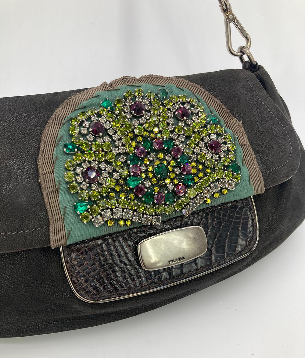 Prada Black Suede Rhinestone Alligator Flap Shoulder Bag in good condition. Black suede trimmed with silver hardware, alligator leather and embroidered multi color rhinestones along front top flap. slide latch opens top flap to a pink leather