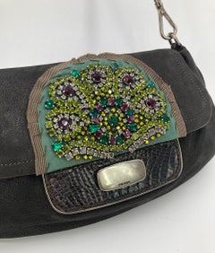 Prada Black Suede Rhinestone Alligator Flap Shoulder Bag
