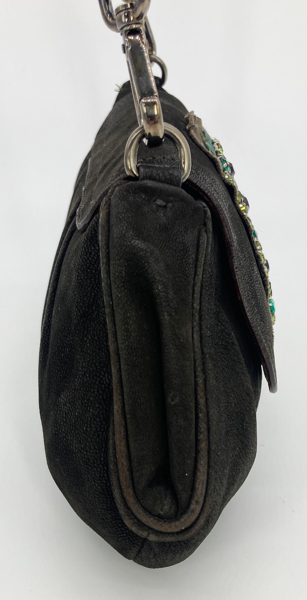 Prada Black Suede Rhinestone Alligator Flap Shoulder Bag In Good Condition For Sale In Philadelphia, PA