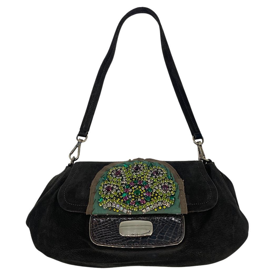 Prada Black Suede Rhinestone Alligator Flap Shoulder Bag For Sale