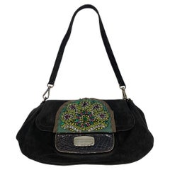 Used Prada Black Suede Rhinestone Alligator Flap Shoulder Bag