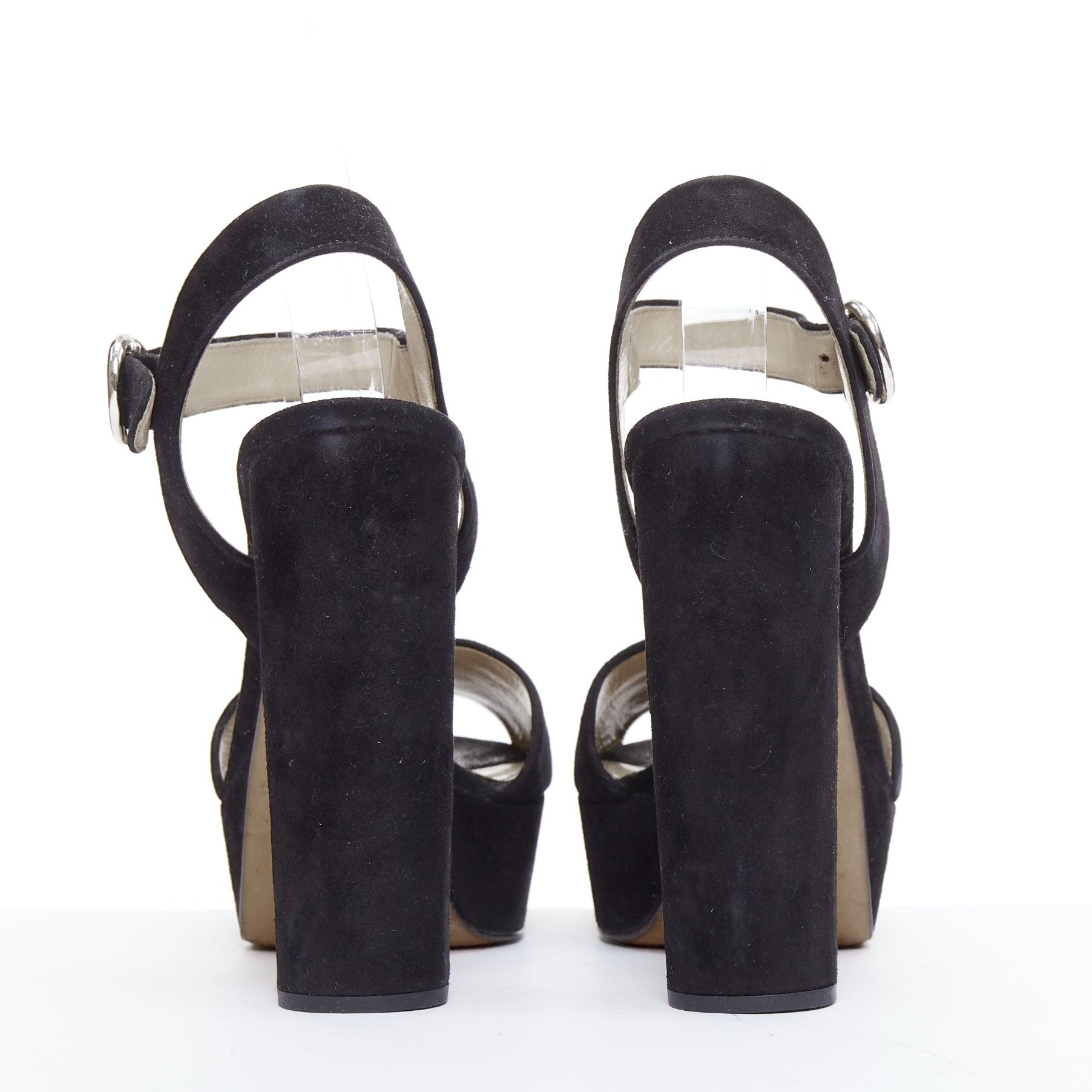 Women's PRADA black suede round buckles peep toe chunky platform sandals EU39