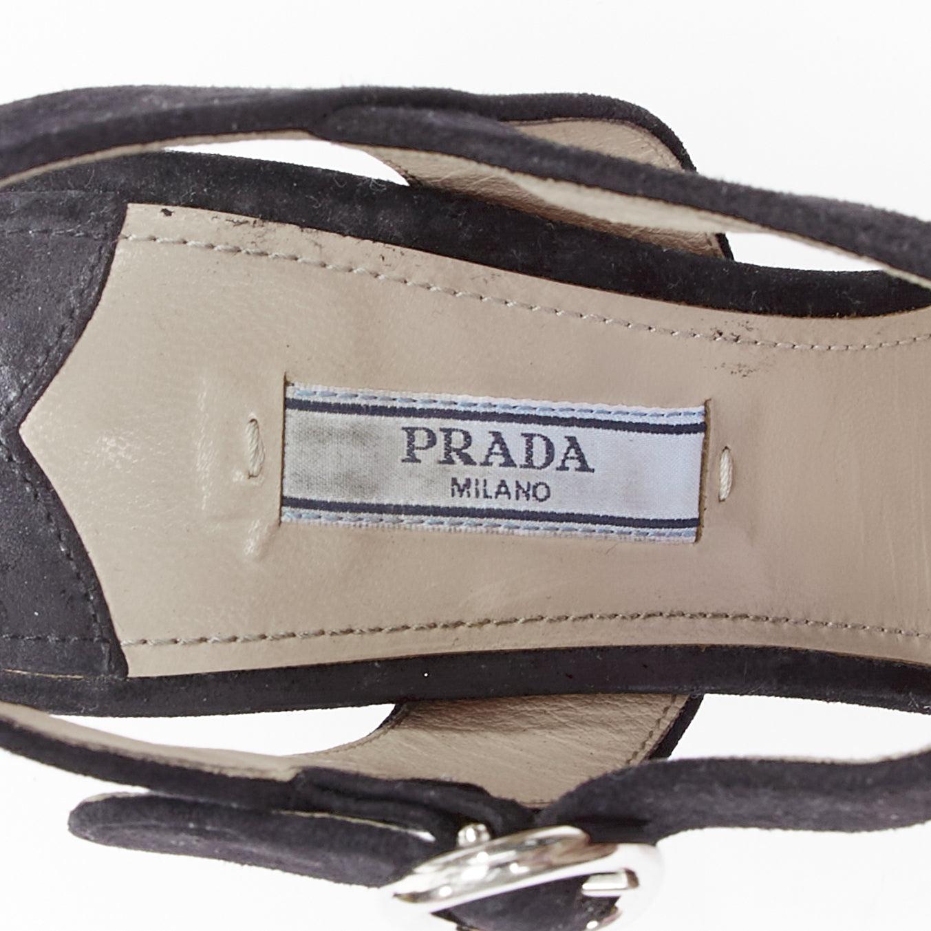 PRADA black suede round buckles peep toe chunky platform sandals EU39 4