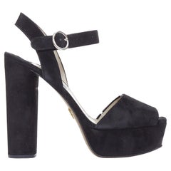 PRADA black suede round buckles peep toe chunky platform sandals EU39