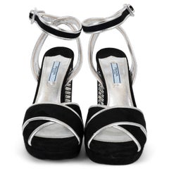 PRADA black suede & silver leather CRYSTAL HEEL PLATFORM Sandals Shoes 39