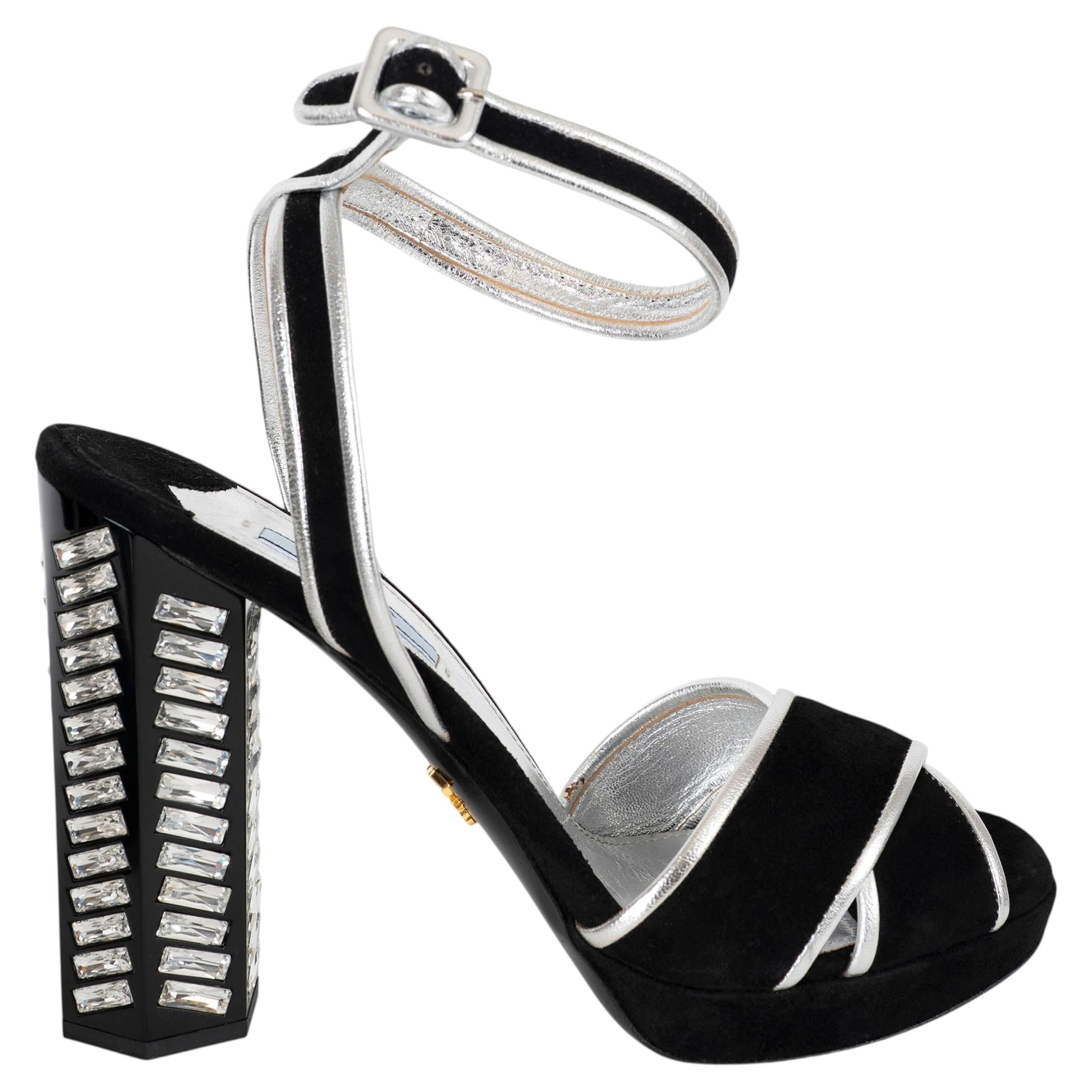 Pre-owned Prada Black Suede & Silver Leather Crystal Heel Platform Sandals Shoes 39