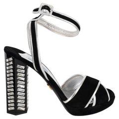 PRADA black suede & silver leather CRYSTAL HEEL PLATFORM Sandals Shoes 39