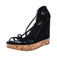 Prada Black Suede Strappy Cork Wedge Platform Sandals Size 37
