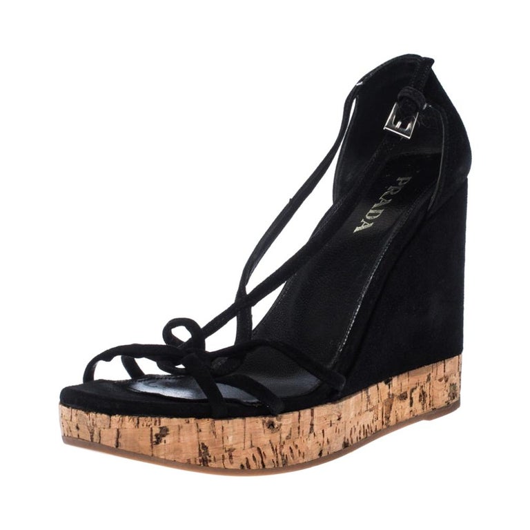 Prada Black Suede Strappy Cork Wedge Platform Sandals Size 37 at 1stDibs |  prada camoscio shoes