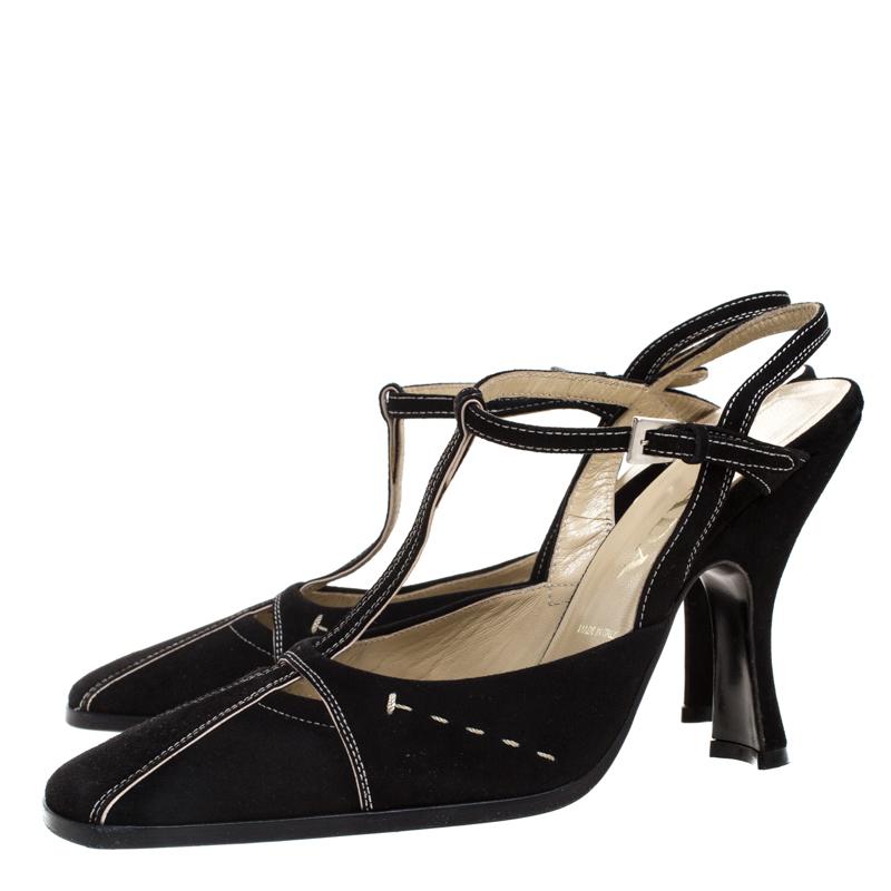 Prada Black Suede T Bar Square Toe Ankle Strap Pumps Size 37.5 In Good Condition In Dubai, Al Qouz 2