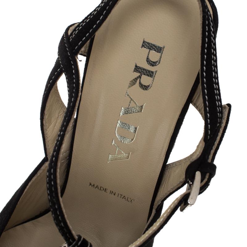 Women's Prada Black Suede T Bar Square Toe Ankle Strap Pumps Size 37.5 For Sale