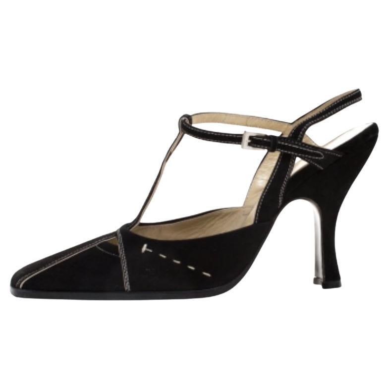 Prada - Escarpins en daim noir à bouts carrés et à bride cheville - Taille 37,5
