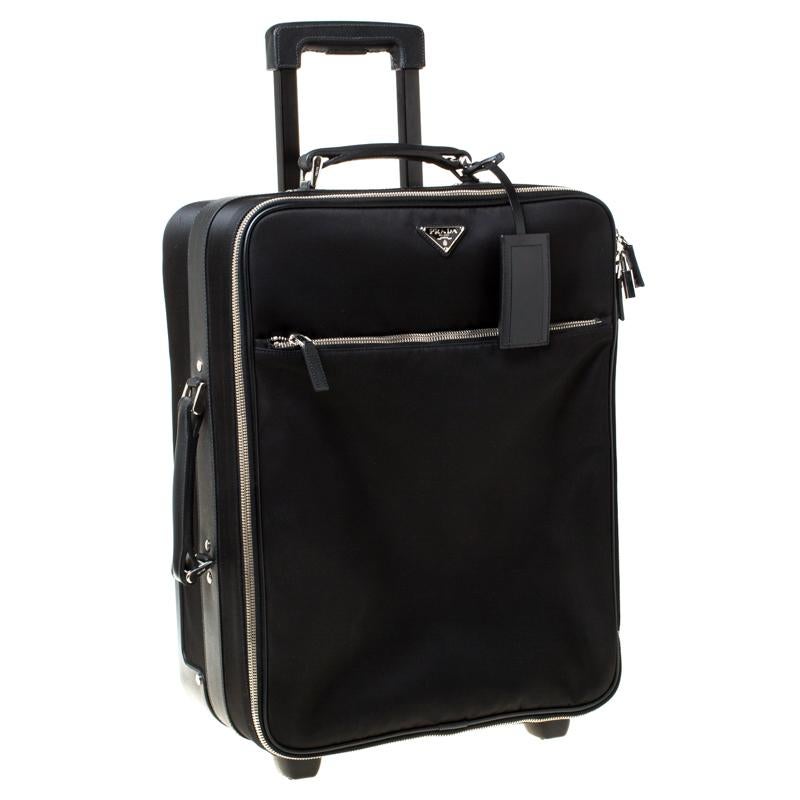 Prada Black Tessuto and Leather Trolley Rolling Luggage In Good Condition In Dubai, Al Qouz 2