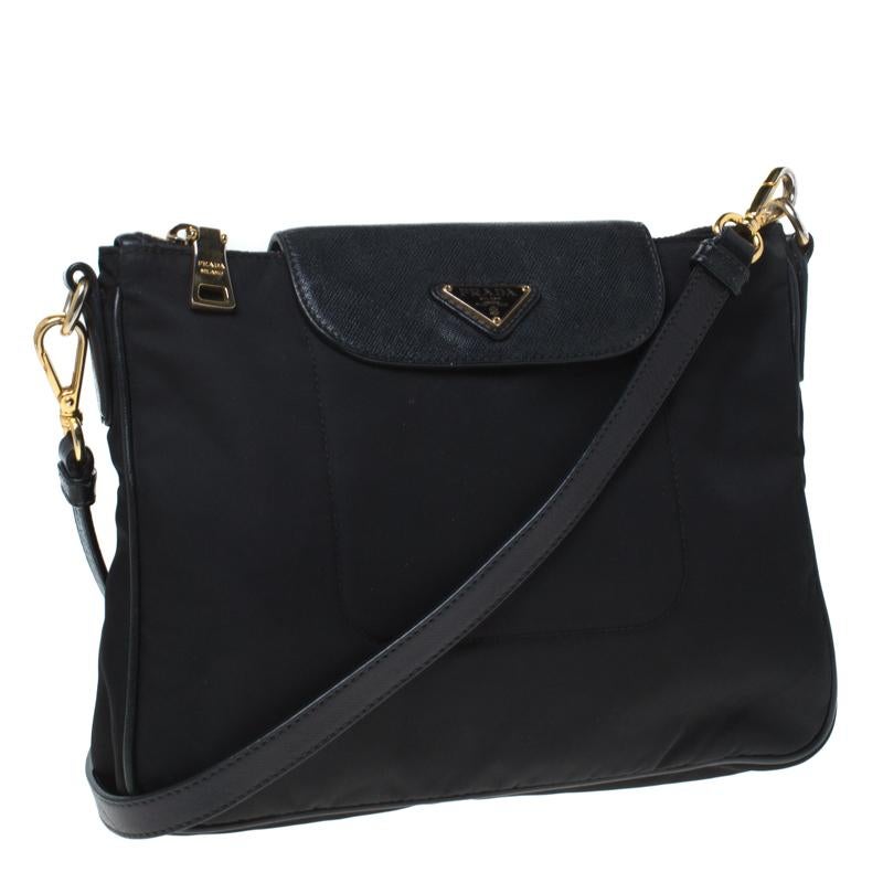 Women's Prada Black Tessuto Nylon and Leather Crossbody Bag