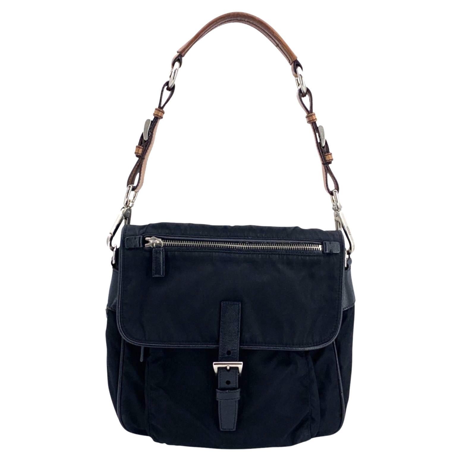 Prada Black Tessuto Nylon Canvas Leather Triangle Logo Shoulder Bag For Sale