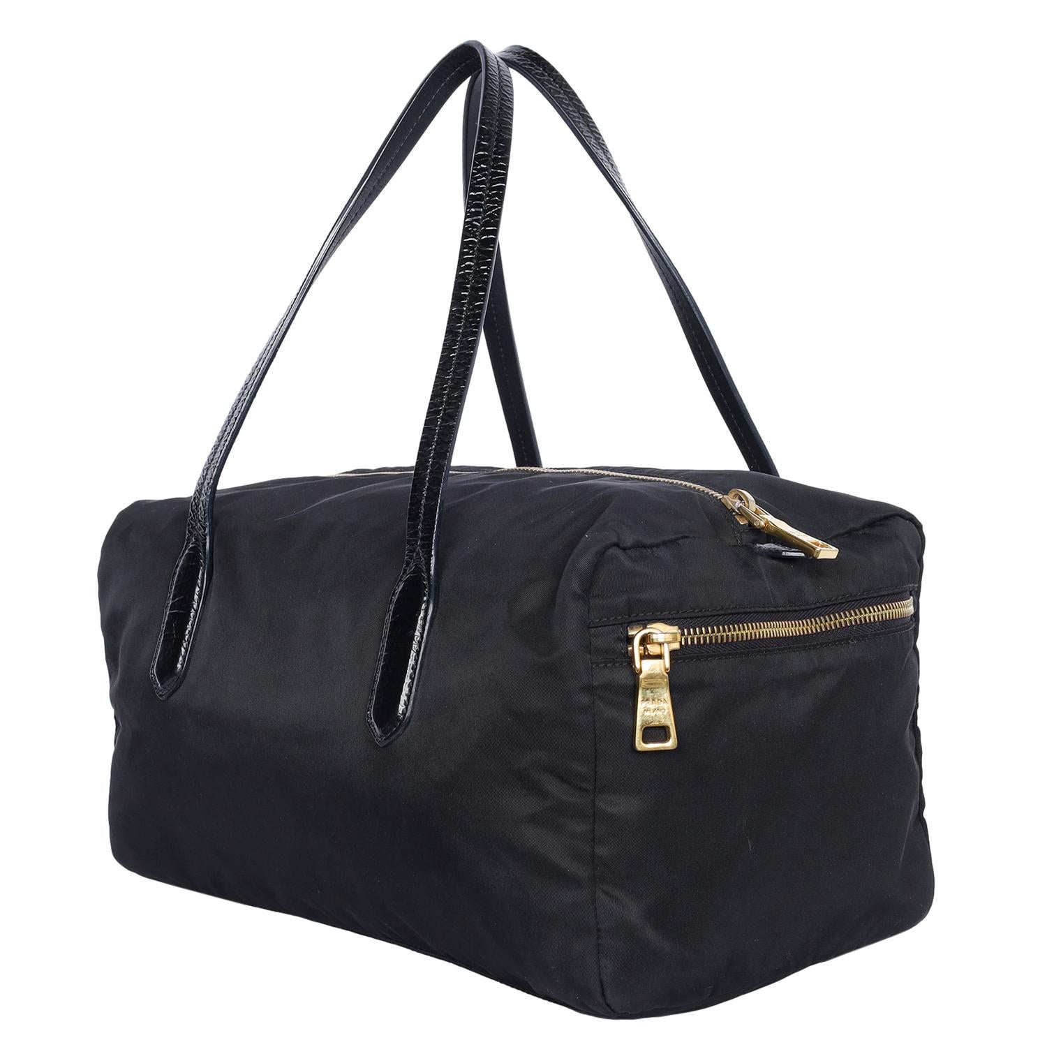 Prada Black Tessuto Nylon Duffle Shoulder Bag For Sale 8
