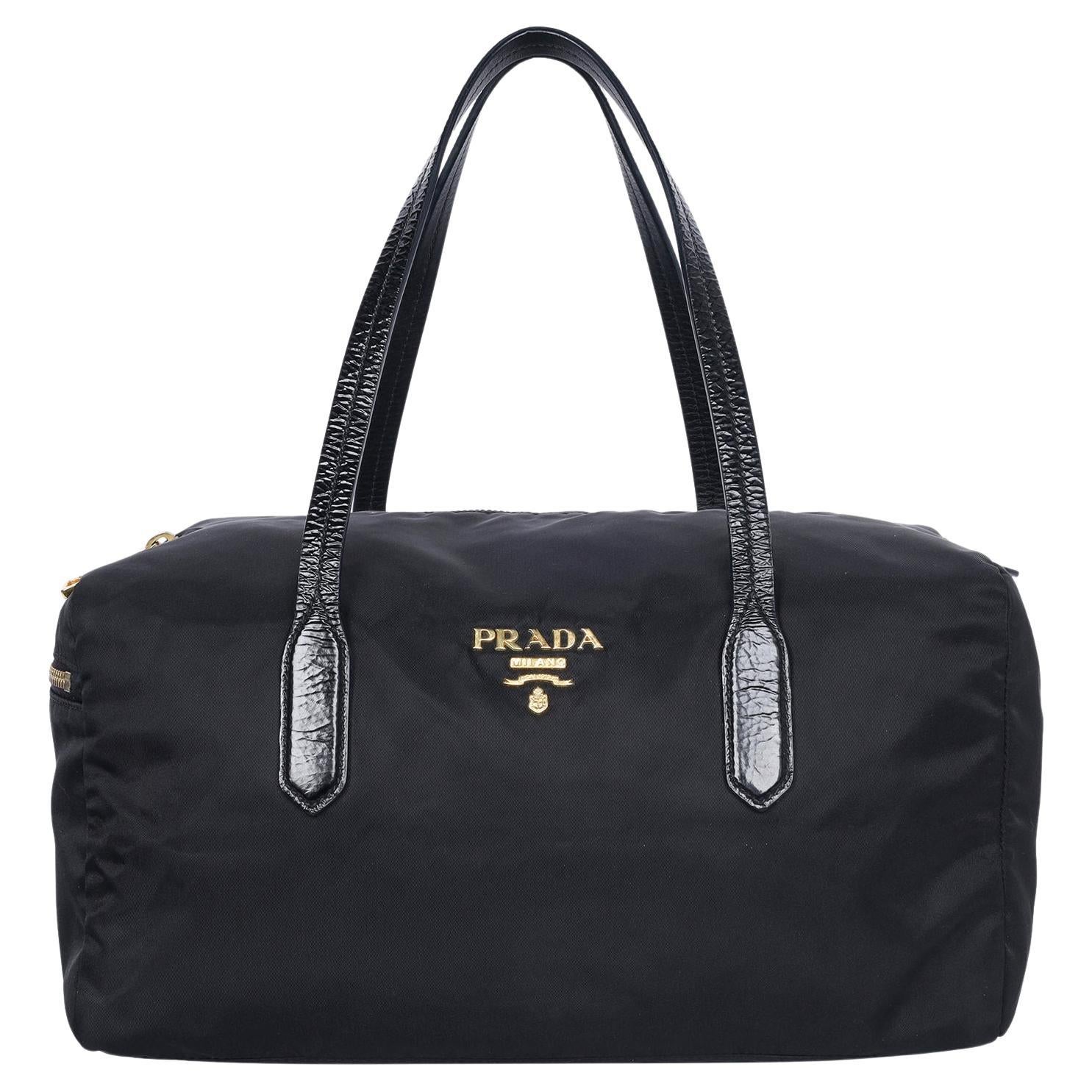 Prada Black Tessuto Nylon Duffle Shoulder Bag For Sale