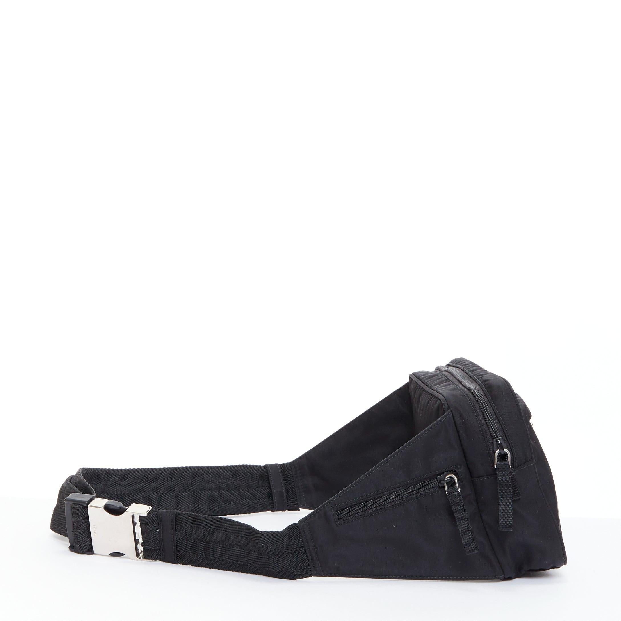 PRADA black tessuto nylon silver triangle plate crossbody waist bum bag In Good Condition In Hong Kong, NT