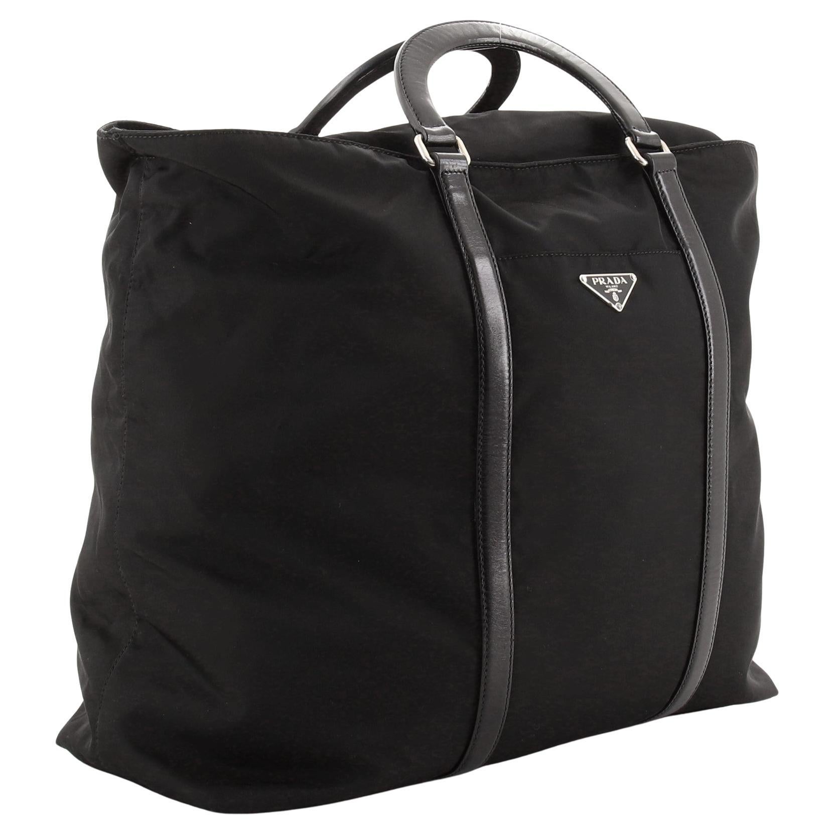 Prada Black Tessuto Nylon with Leather Convertible Zip Large Tote Bag For Sale